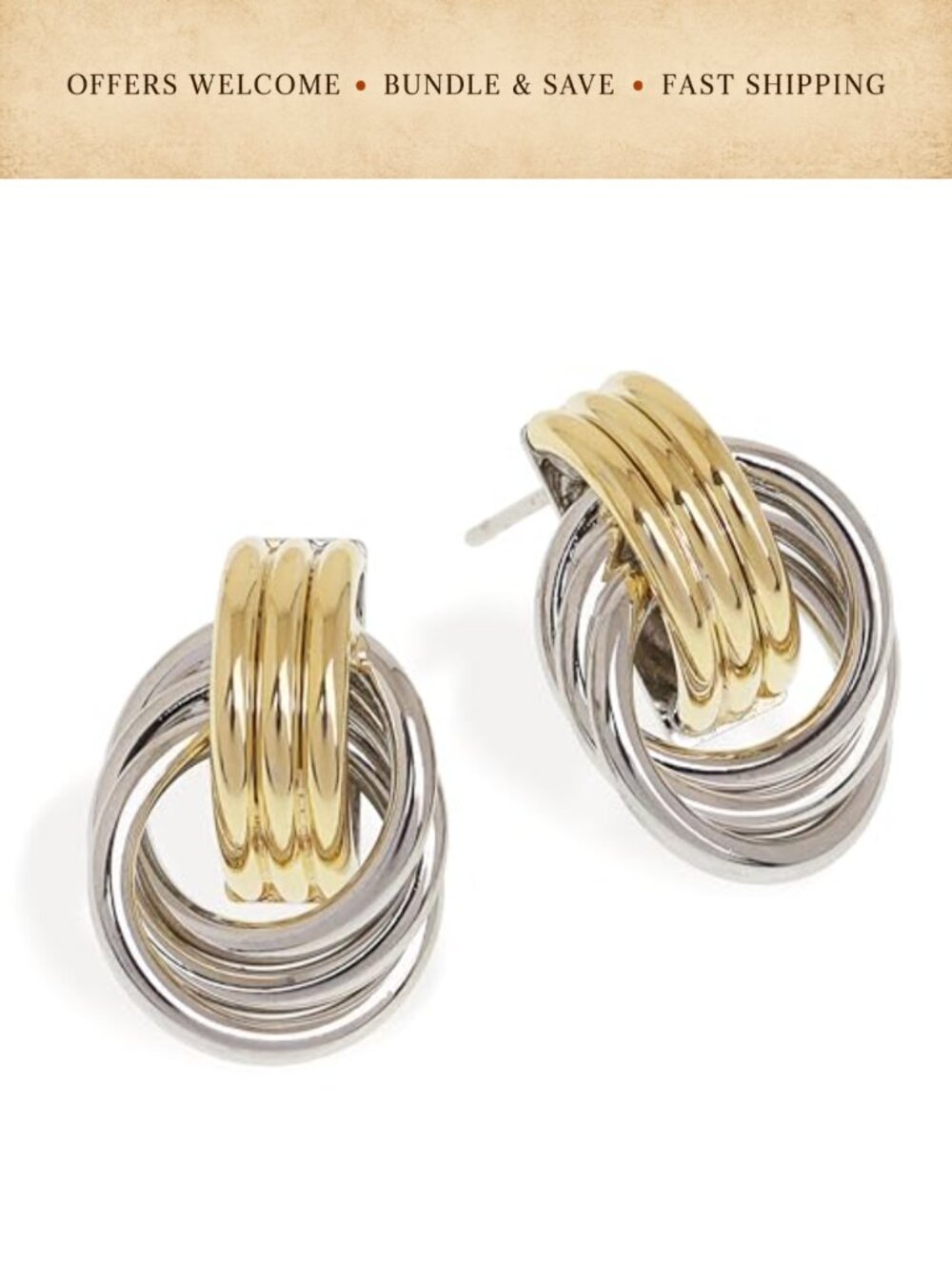 14k Gold Plated Twisted Five Ring Hoop Drop Earrings